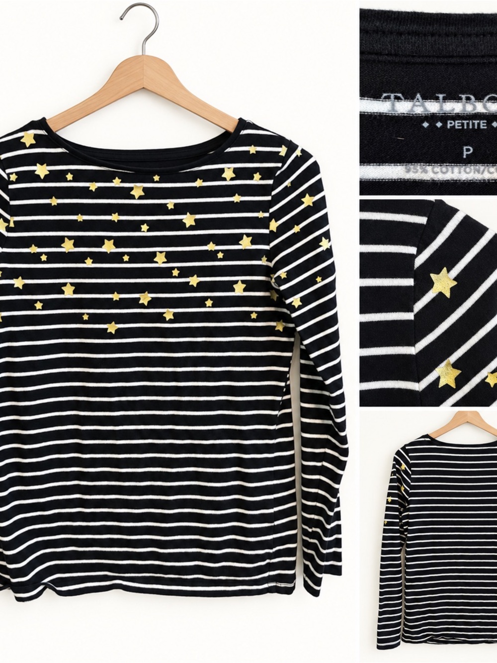 Talbots Black and White Striped Long Sleeve Top with Gold Star Accents
